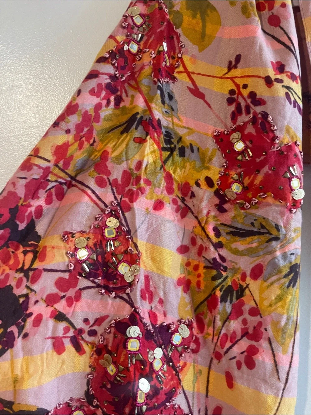Anthropologie Sunshine Plaid Scarf Multicolor Floral Boho Embellish Tasseled